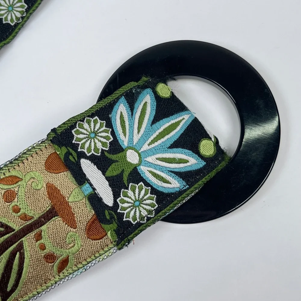 Vintage Floral Embroidered O-Ring Buckle Belt Womens Green Blue Boho Folk 70s